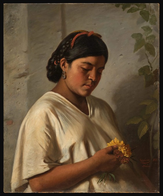 Felipe Santiago Gutiérrez’s Indian Woman with Marigold (1876) depicts an Indigenous Mexican woman holding a bright orange cempasúchil flower against a dark background.