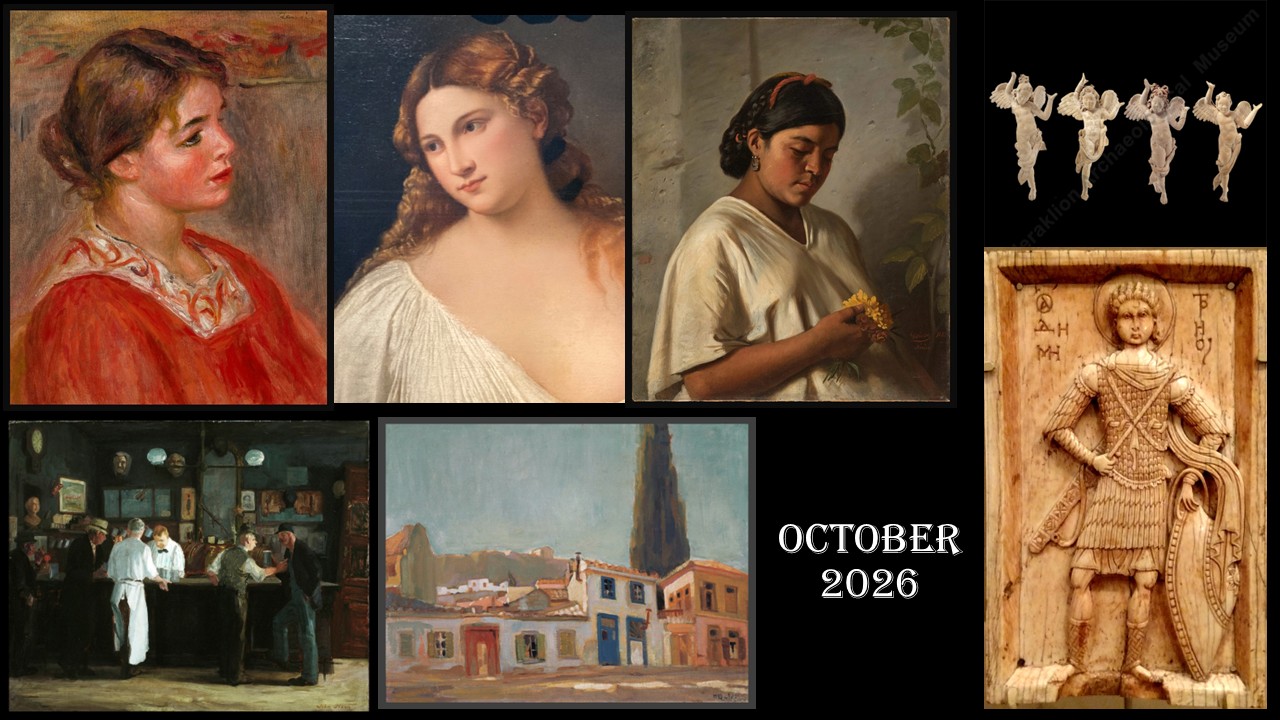 Collage of artworks featured in the October 2026 Teacher Curator Newsletter, including Marigolds, Titian’s Flora, Renoir, Hellenistic Cupids, and Byzantine art.