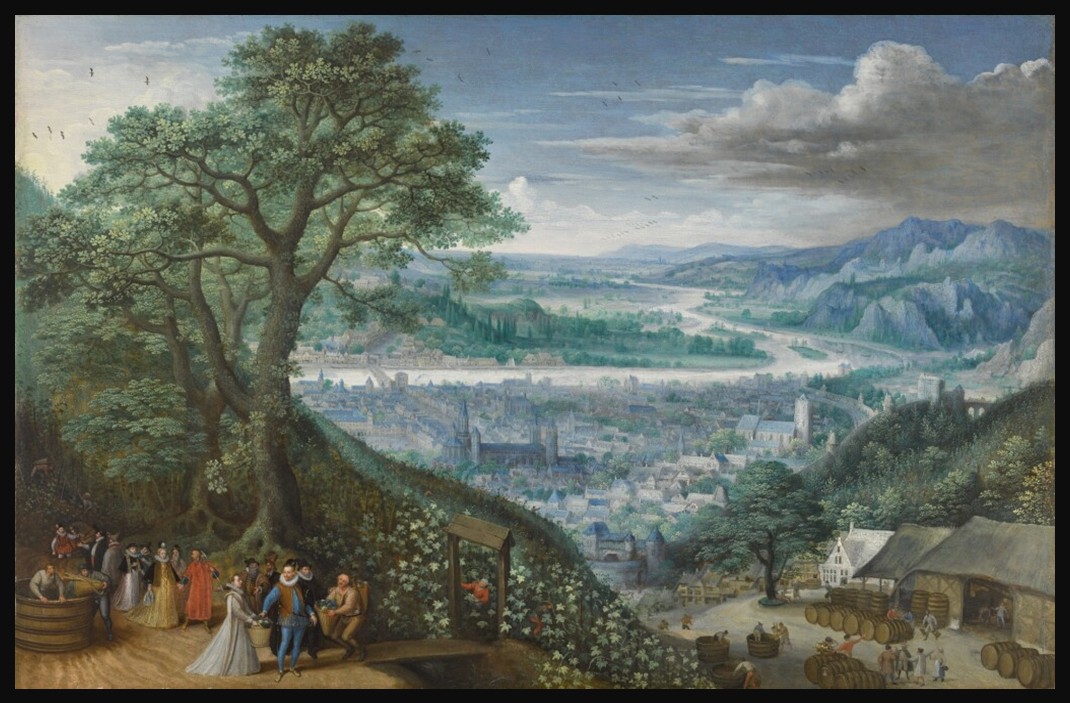 Lucas van Valckenborch’s Autumn: Archduke Matthias of Austria at the Vintage, showing the Archduke and his court among workers harvesting grapes in an expansive autumn landscape.