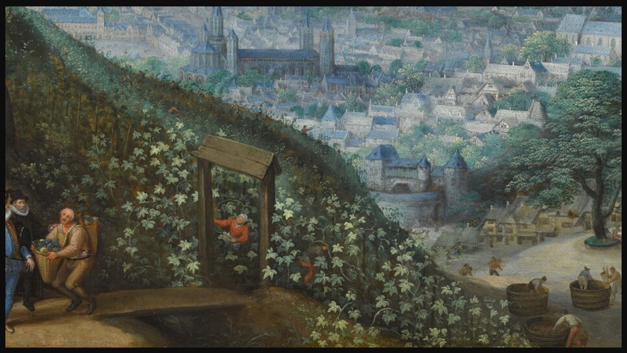 Lucas van Valckenborch’s Autumn: Archduke Matthias of Austria at the Vintage (detai), showing the Archduke and his court among workers harvesting grapes in an expansive autumn landscape.