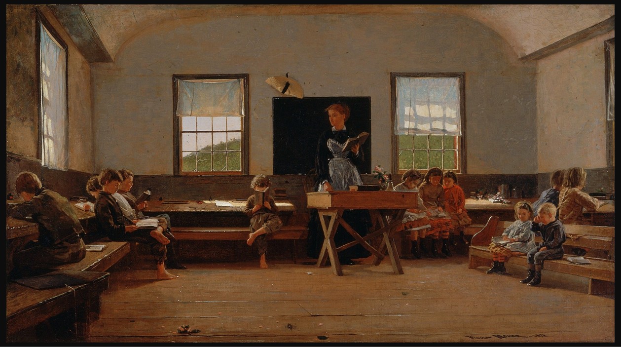 Winslow Homer’s The Country School, 1871, showing children studying at wooden desks in a rural American classroom with their teacher at the front.