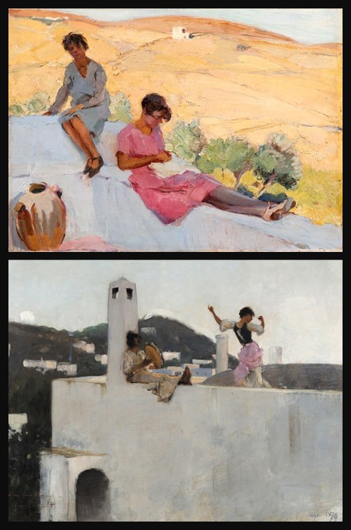 Nicholaos Lytras's Sur le toit-terrasse, île de Tinos, showing figures and everyday life on a sunlit rooftop terrace on the Greek island of Tinos. John Singer Sargent's Rosina-Capri, showing Rosina Ferrara on a sunlit rooftop in Capri, surrounded by Mediterranean architecture and bright light.
