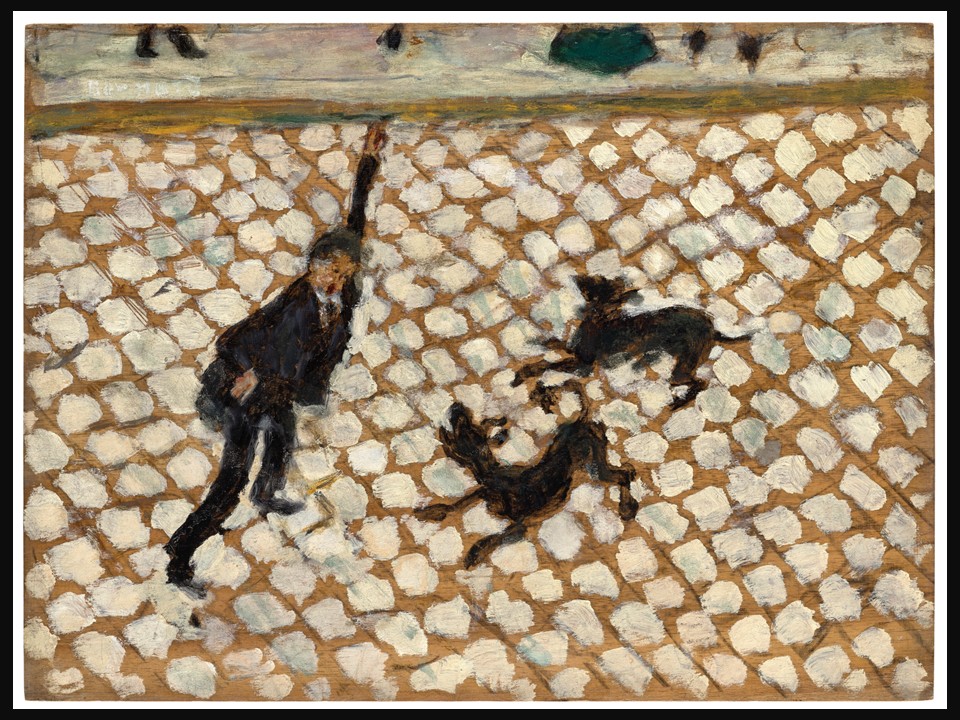 Pierre Bonnard’s La Rue. Homme aux prises avec deux chiens, circa 1895, showing a man struggling to control two dogs on a patterned Paris street.