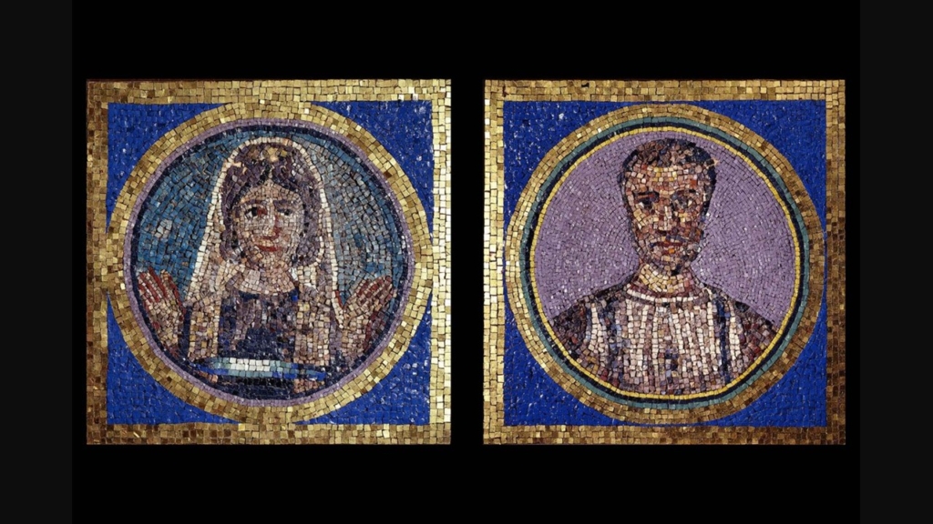 Left: Glass paste mosaic clypeus showing a frontal portrait bust of Maria Simplicia Rustica, surrounded by concentric borders of coloured tesserae, around 350 AD. Right: Glass paste mosaic clypeus showing a frontal portrait bust of Flavius Iulius Iulianus, surrounded by concentric borders of coloured tesserae, about 350 AD.