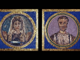 Left: Glass paste mosaic clypeus showing a frontal portrait bust of Maria Simplicia Rustica, surrounded by concentric borders of coloured tesserae, around 350 AD. Right: Glass paste mosaic clypeus showing a frontal portrait bust of Flavius Iulius Iulianus, surrounded by concentric borders of coloured tesserae, about 350 AD.