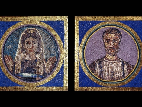 Left: Glass paste mosaic clypeus showing a frontal portrait bust of Maria Simplicia Rustica, surrounded by concentric borders of coloured tesserae, around 350 AD. Right: Glass paste mosaic clypeus showing a frontal portrait bust of Flavius Iulius Iulianus, surrounded by concentric borders of coloured tesserae, about 350 AD.