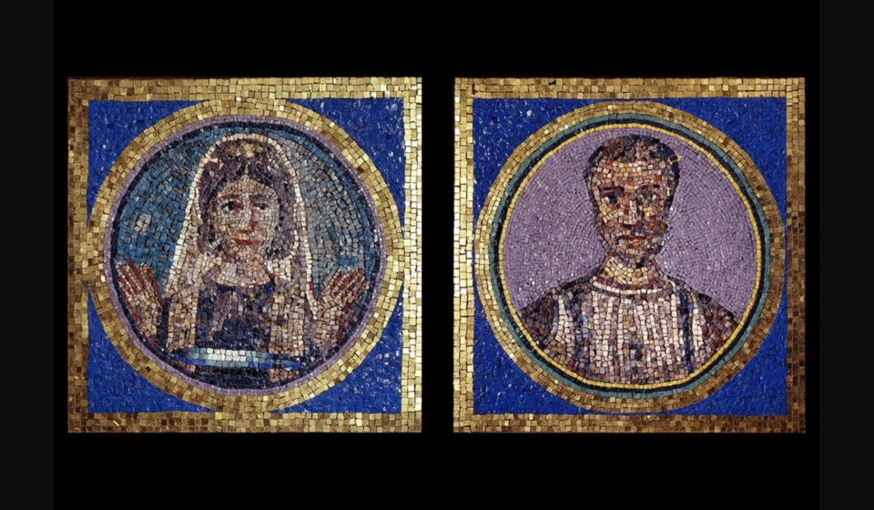 Left: Glass paste mosaic clypeus showing a frontal portrait bust of Maria Simplicia Rustica, surrounded by concentric borders of coloured tesserae, around 350 AD. Right: Glass paste mosaic clypeus showing a frontal portrait bust of Flavius Iulius Iulianus, surrounded by concentric borders of coloured tesserae, about 350 AD.