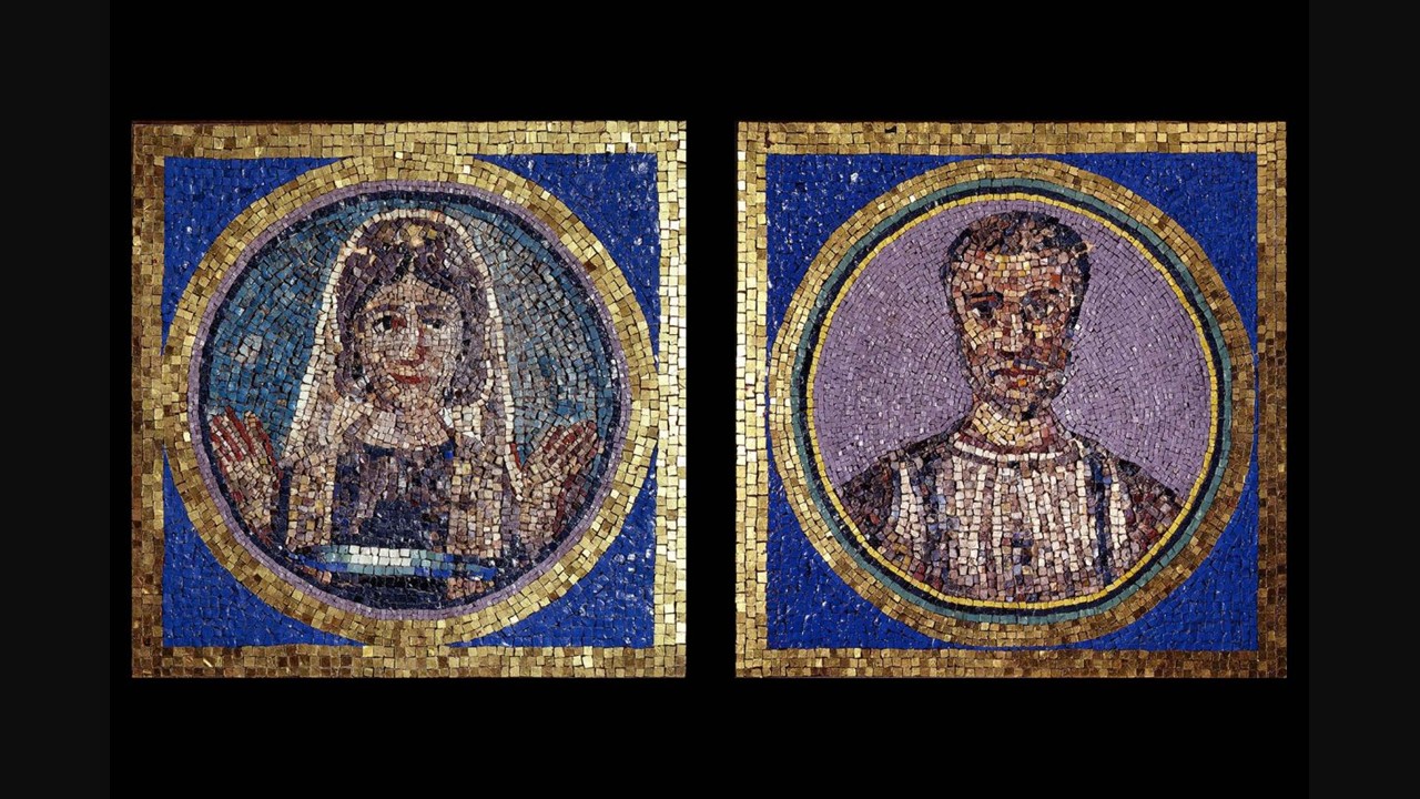 Left: Glass paste mosaic clypeus showing a frontal portrait bust of Maria Simplicia Rustica, surrounded by concentric borders of coloured tesserae, around 350 AD.
Right: Glass paste mosaic clypeus showing a frontal portrait bust of Flavius Iulius Iulianus, surrounded by concentric borders of coloured tesserae, about 350 AD.
