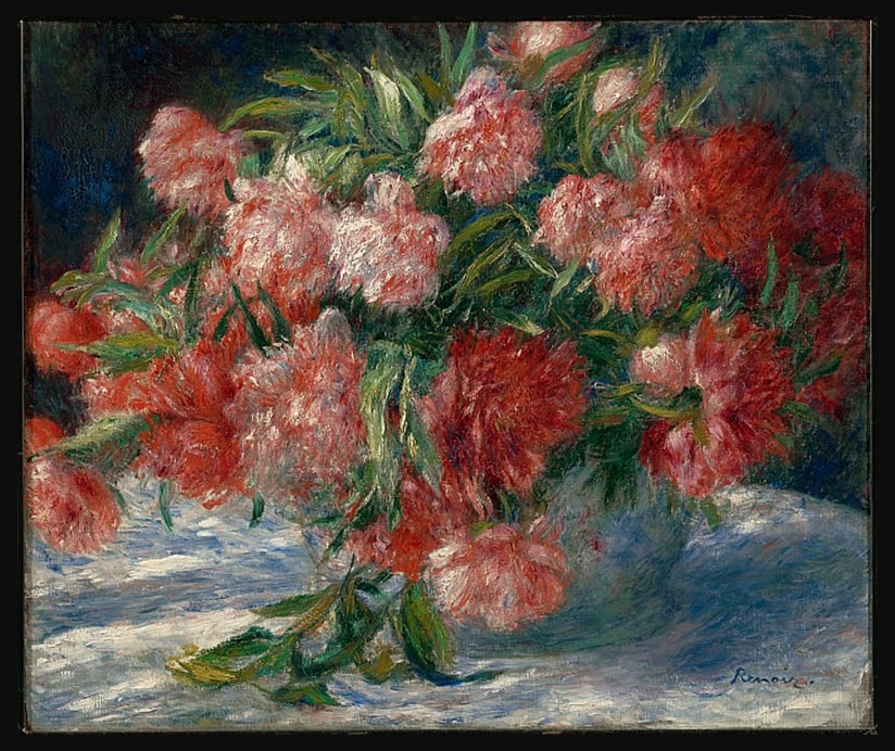 Oil painting by Renoir showing loose red and pink peony blossoms against a dark background with blue-shadowed white tablecloth.