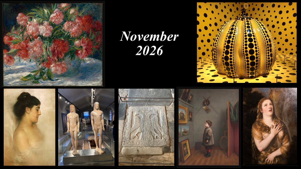 Collage of artworks featured in the November 2026 Teacher Curator Newsletter, including Renoir’s Peonies, Byzantine art, ancient Greek kouroi, Titian, Winslow Homer, and Yayoi Kusama.