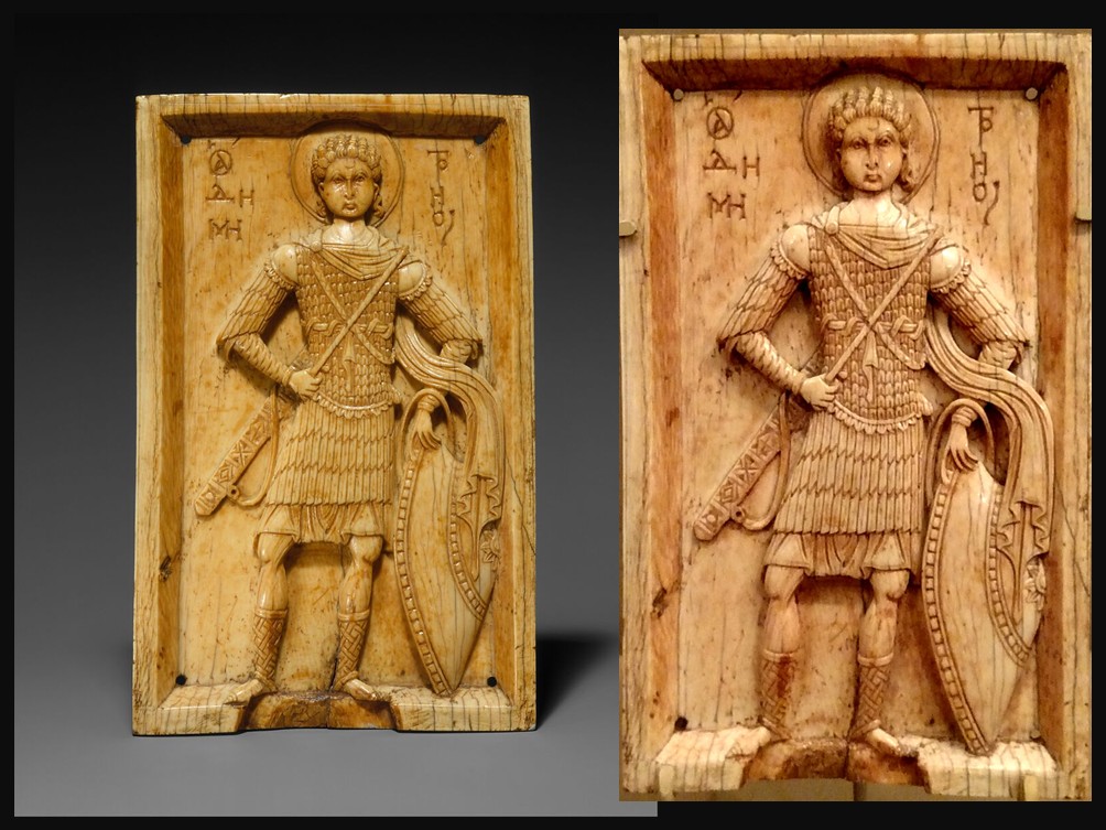 Byzantine ivory icon of Saint Demetrios, carved c. 950–1000 AD, depicting the warrior saint standing frontally with spear and shield, wearing military attire and inscribed with his name in Greek.