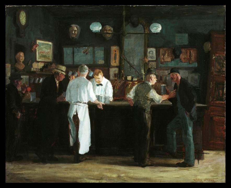 John Sloan’s McSorley’s Bar, 1912, showing a lively group of men drinking and socialising inside a New York saloon, with tables, chairs, beer glasses and dark wooden interiors.