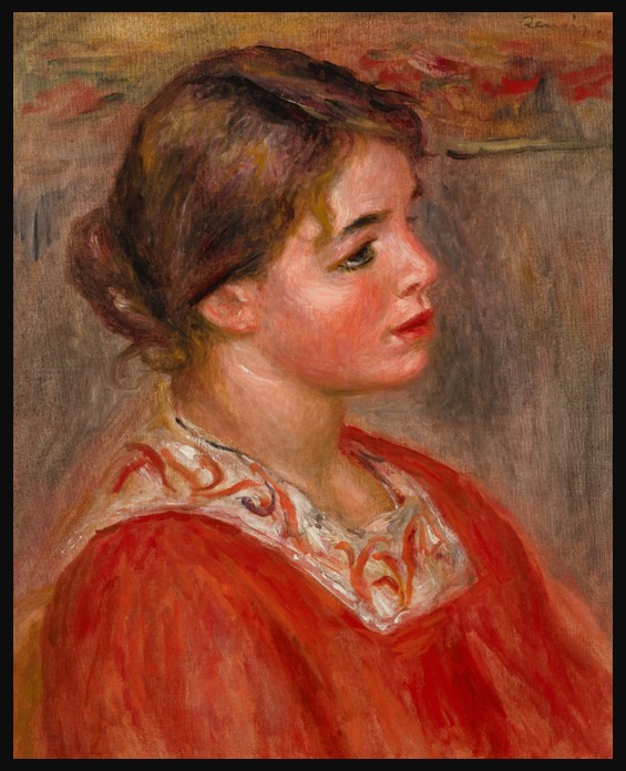 Pierre-Auguste Renoir’s Femme au corsage rouge, circa 1910, depicting Gabrielle Renard in a close-up portrait with a vivid red corsage.
