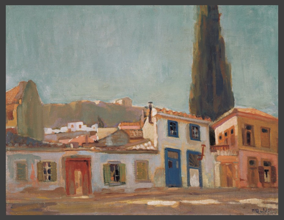 Oil painting, "The Atelier" (1927) by Periklis Vyzantios, showing the stylized facade of the artist's workshop in Plaka, Athens, in broad brushstrokes and twilight-toned colors. E. Averoff Museum, Metsovo, Greece.